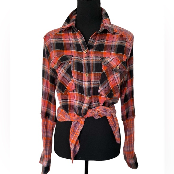 Free People We the Free Womens Multicolor Plaid Tie Waist Button Up Top Size M - Picture 1 of 12